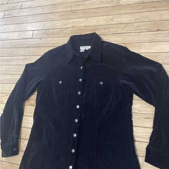 VTG EDDIE BAUER Velvet Shirt Dress Womens Snap Button Long Sleeve Collar Black L - Picture 4 of 13